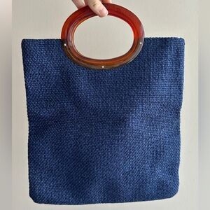 JR Miami Vintage Top Handle Purse, Blue Woven Square Bag, Floral Lining, 1950s